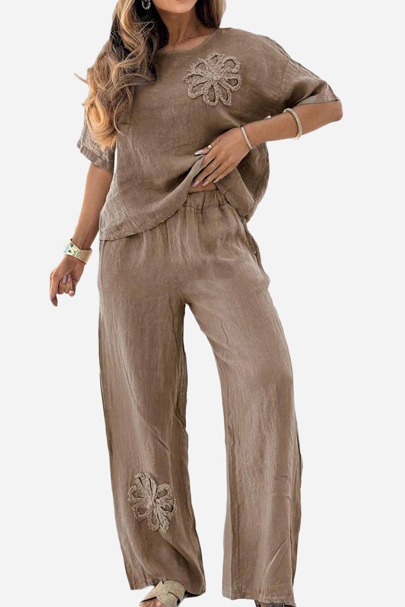 Brown cotton linen two piece set with floral embroidery on top and pants