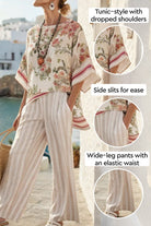 Woman wearing Coastal Comfort Linen two-piece set with floral tunic and striped wide-leg pants by seaside