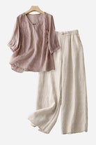Women's 100% cotton linen blend golden hour set with embroidered blush top and high-waisted wide-leg beige trousers