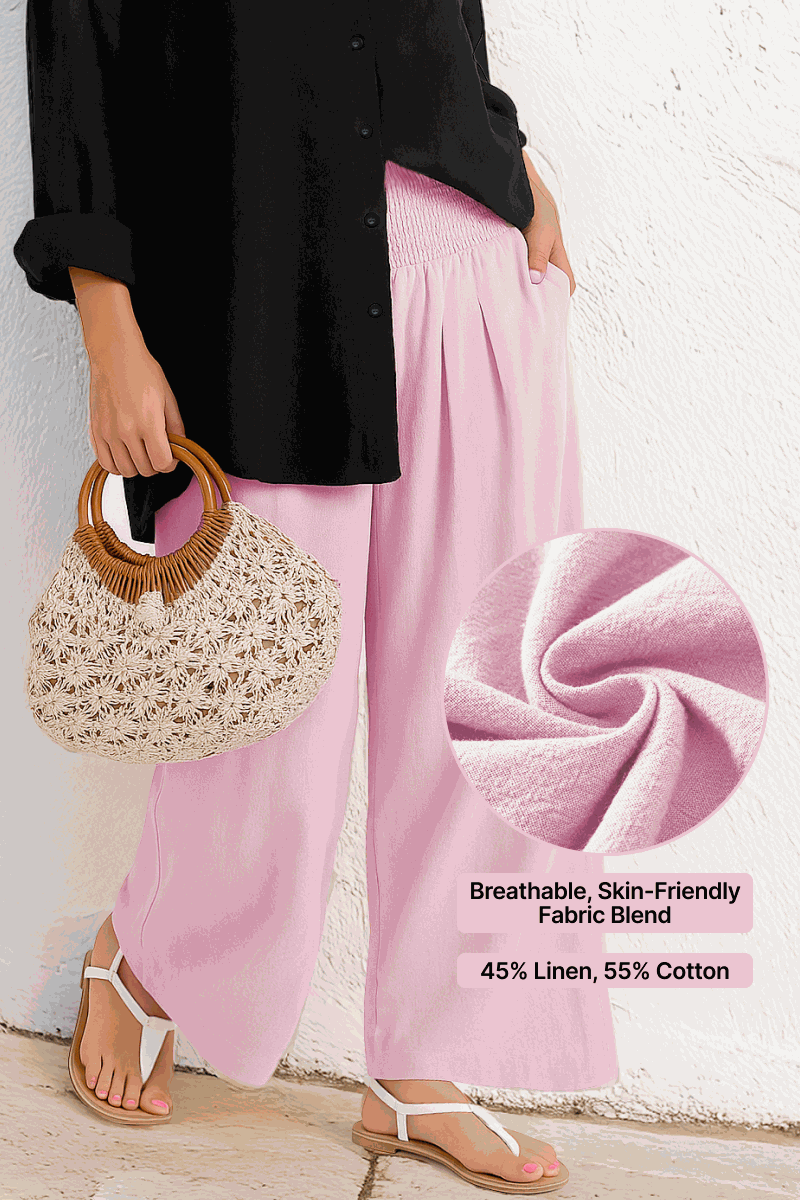 Woman wearing Oversized Linen Leaved-IN Set with black linen-blend shirt and pink flowy palazzo pants showcasing breathable linen-cotton fabric blend.