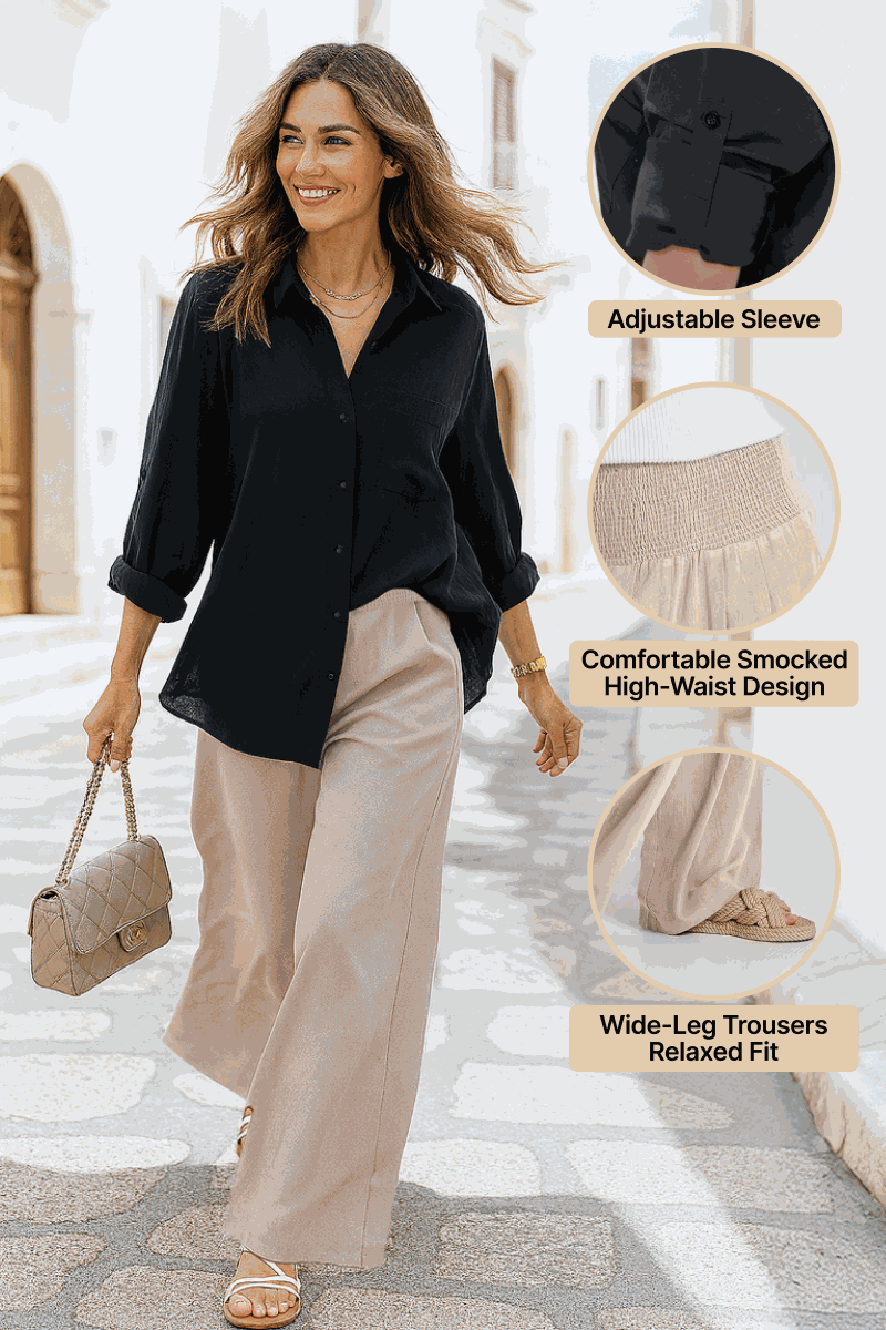 Woman wearing Oversized Linen Leaved-IN Set with black oversized linen-blend shirt and beige wide-leg palazzo pants walking outdoors