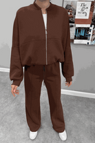 Women’s brown Voyager Zip Set with zip-front sweatshirt and wide-leg joggers, casual travel outfit.