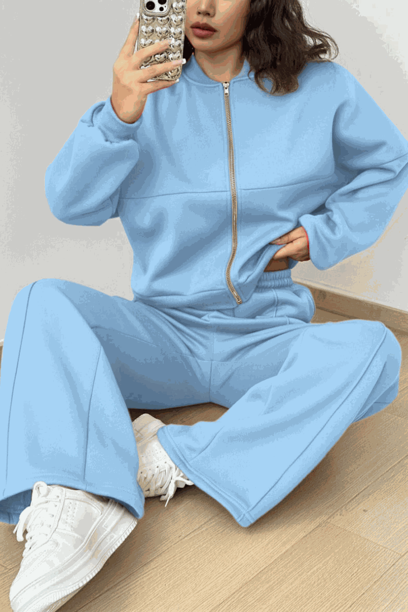 The Voyager Zip Set light blue zip-front sweatshirt and wide-leg joggers travel outfit