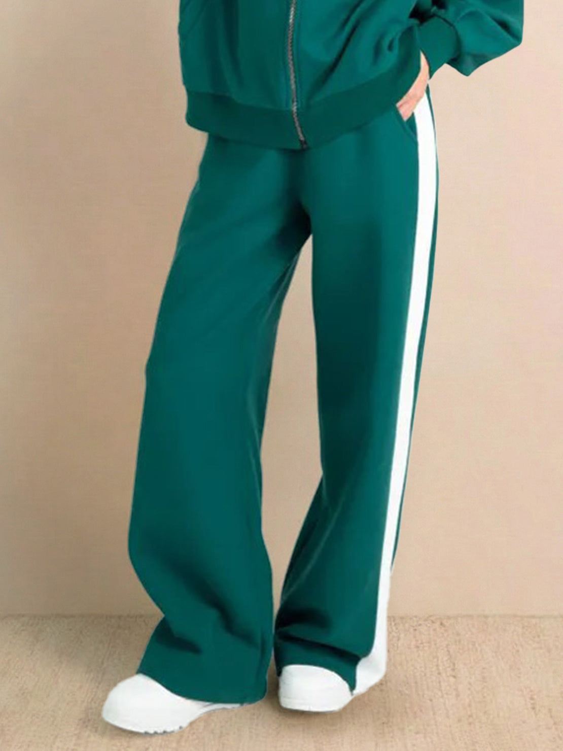 Two-piece Easy Airport Lounge Set with zip-front jacket and wide-leg pants in soft cotton-blend fabric for travel comfort and wrinkle resistance.