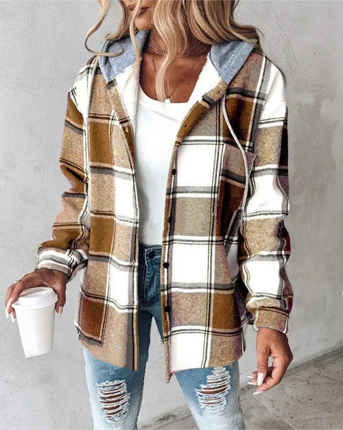 Highland Plaid Shacket with soft fleece lining, hood, button-front, and plaid pattern for cozy layered style.