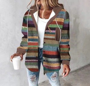 Women's Highland Plaid Shacket with hood, button-front, fleece lining, and multi-colored plaid pattern.