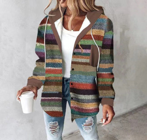 Women's Highland Plaid Shacket with hood, button-front, fleece lining, and multi-colored plaid pattern.