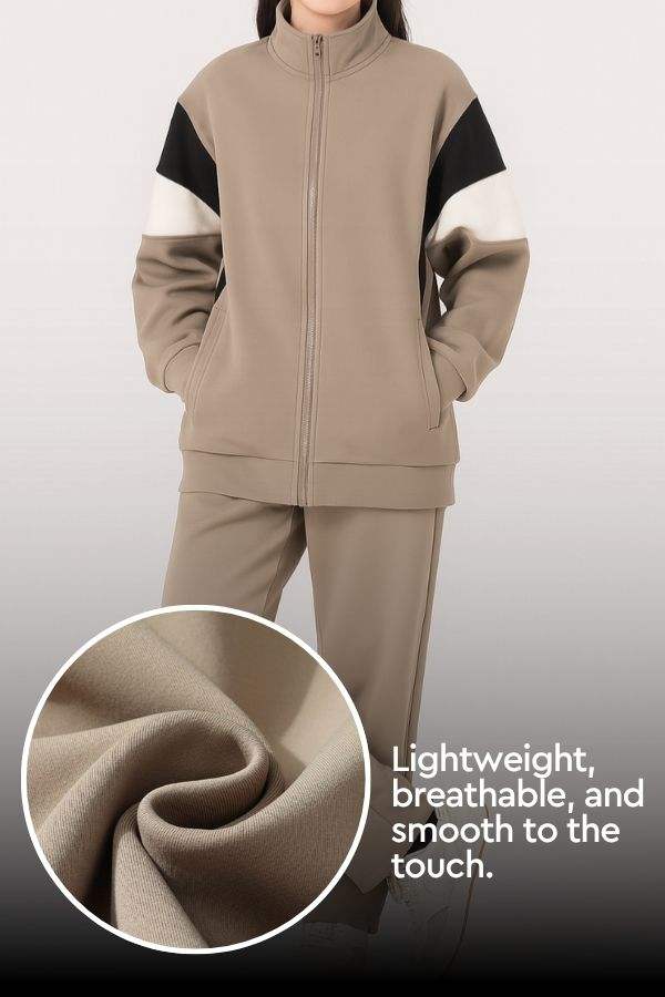 Comfort in Motion lightweight breathable athleisure tracksuit set with zip-up jacket and matching pants in taupe with black and white accents