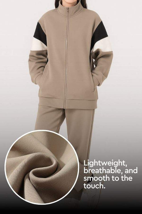 Comfort in Motion lightweight breathable athleisure tracksuit set with zip-up jacket and matching pants in taupe with black and white accents