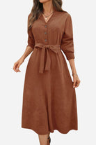 Effortlessly polished corduroy tie-waist midi dress with button-front and flattering silhouette
