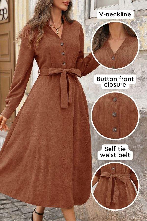 Brown corduroy tie-waist dress with V-neckline, button front closure, and self-tie waist belt, mid-calf length, long sleeves, effortlessly polished style.