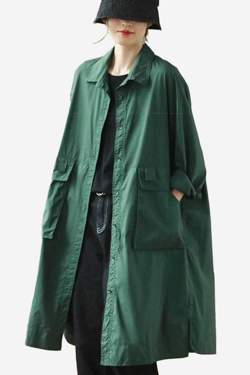 Nomad Ease Oversized Shirt-Jacket in green with roll-up sleeves and large front pockets worn by model