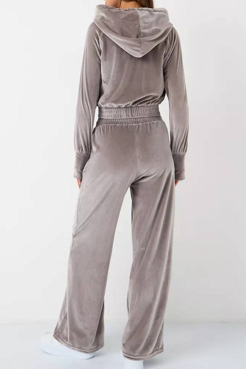 Grey velour tracksuit with cropped hoodie and high-waist pants, soft and plush texture, modern fit