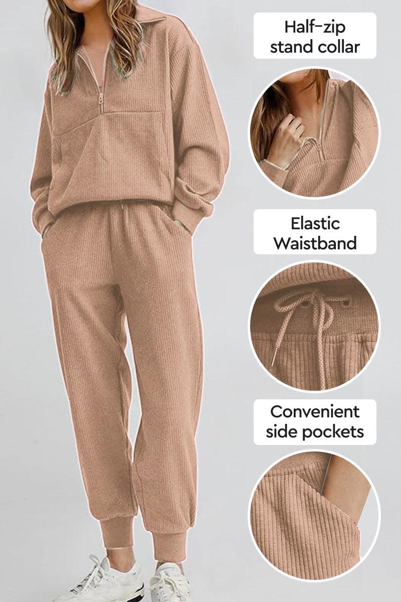 Unisex half-zip pullover and sweatpants set in beige with stand collar, elastic waistband, and side pockets