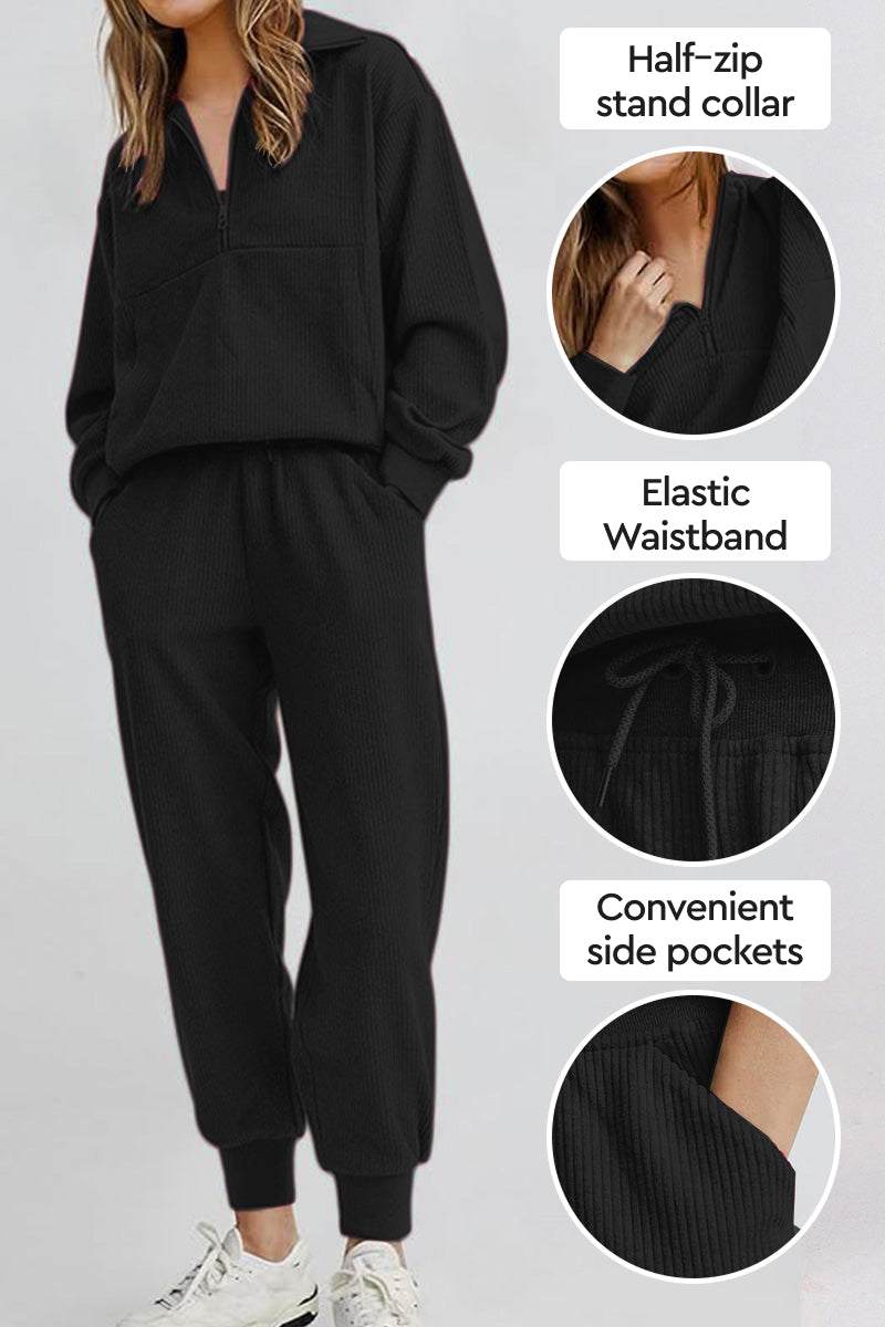 Unisex Half-Zip Pullover and Sweatpants Set with stand collar, elastic waistband, and side pockets in black polyester blend for casual comfort