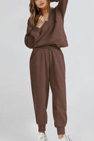 Unisex half-zip pullover and sweatpants set in brown, lightweight and comfortable polyester blend lounge wear