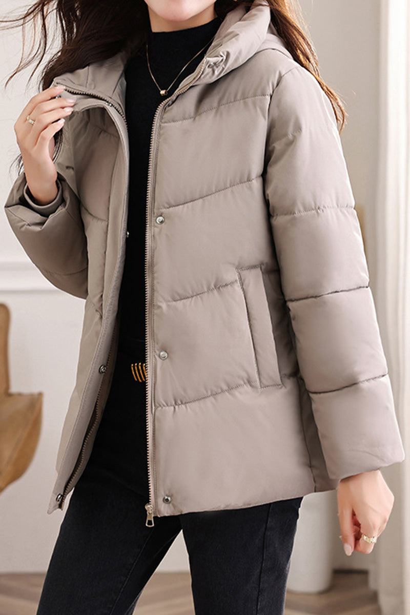 Lightweight Everyday Warmth Coat mid-length hooded jacket with 5-layer insulation and wind-resistant shell in beige.