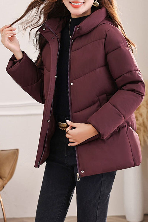 Women's Everyday Warmth Coat mid-length burgundy hooded insulated winter jacket with zip and snap buttons