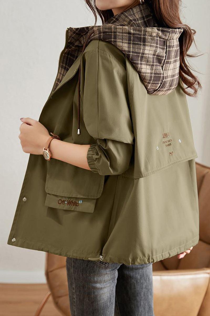 City Explorer Plaid Windbreaker with olive green wind-resistant shell and plaid-lined hood, perfect lightweight jacket for women.