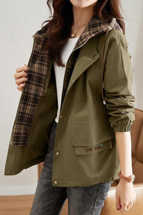 Women's City Explorer Plaid Windbreaker in olive green with plaid lining, elastic cuffs, and adjustable hood