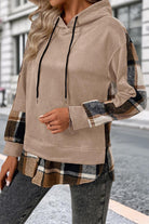 Beige Countryside Layered Hoodie with plaid accents on sleeves and hem, relaxed fit and drawstring hood.