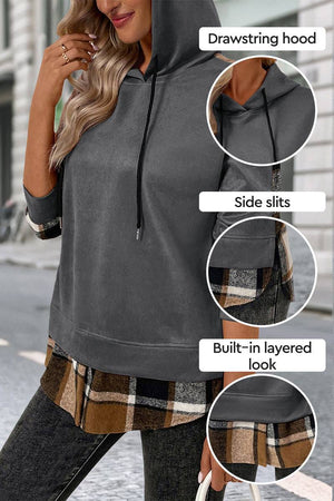 Gray Countryside Layered Hoodie with built-in plaid hem and cuffs, drawstring hood, and side slits, featuring a relaxed tunic fit.