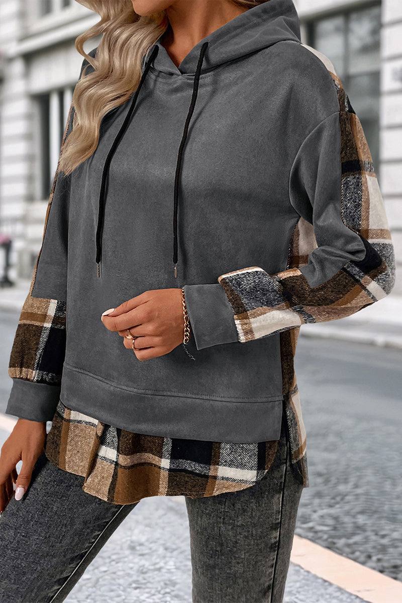 Women's Countryside Layered Hoodie with plaid hem and cuffs, relaxed fit, drop shoulder, and drawstring hood in soft velvet-touch fabric