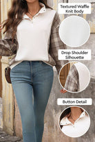 Waffle knit plaid sleeve sweatshirt with drop shoulder silhouette and button detail.