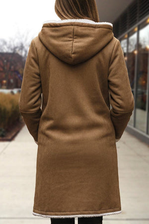 Back view of warm toggle button hooded coat with soft faux suede exterior and sherpa lining.