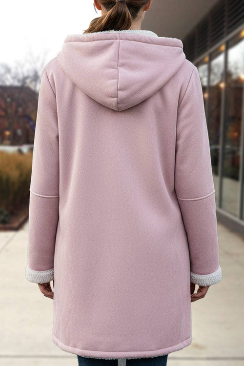 Back view of warm toggle button hooded coat with plush sherpa lining in soft pink color
