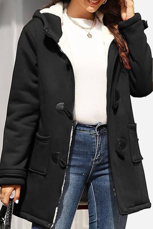 Black warm toggle button hooded coat with sherpa lining and faux suede exterior