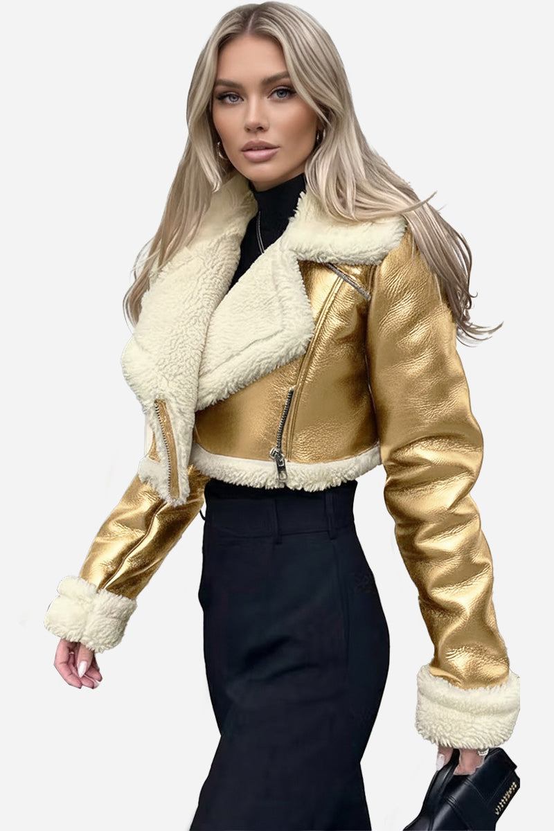 woman wearing cropped faux leather sherpa jacket with cream sherpa lining and gold faux leather outer