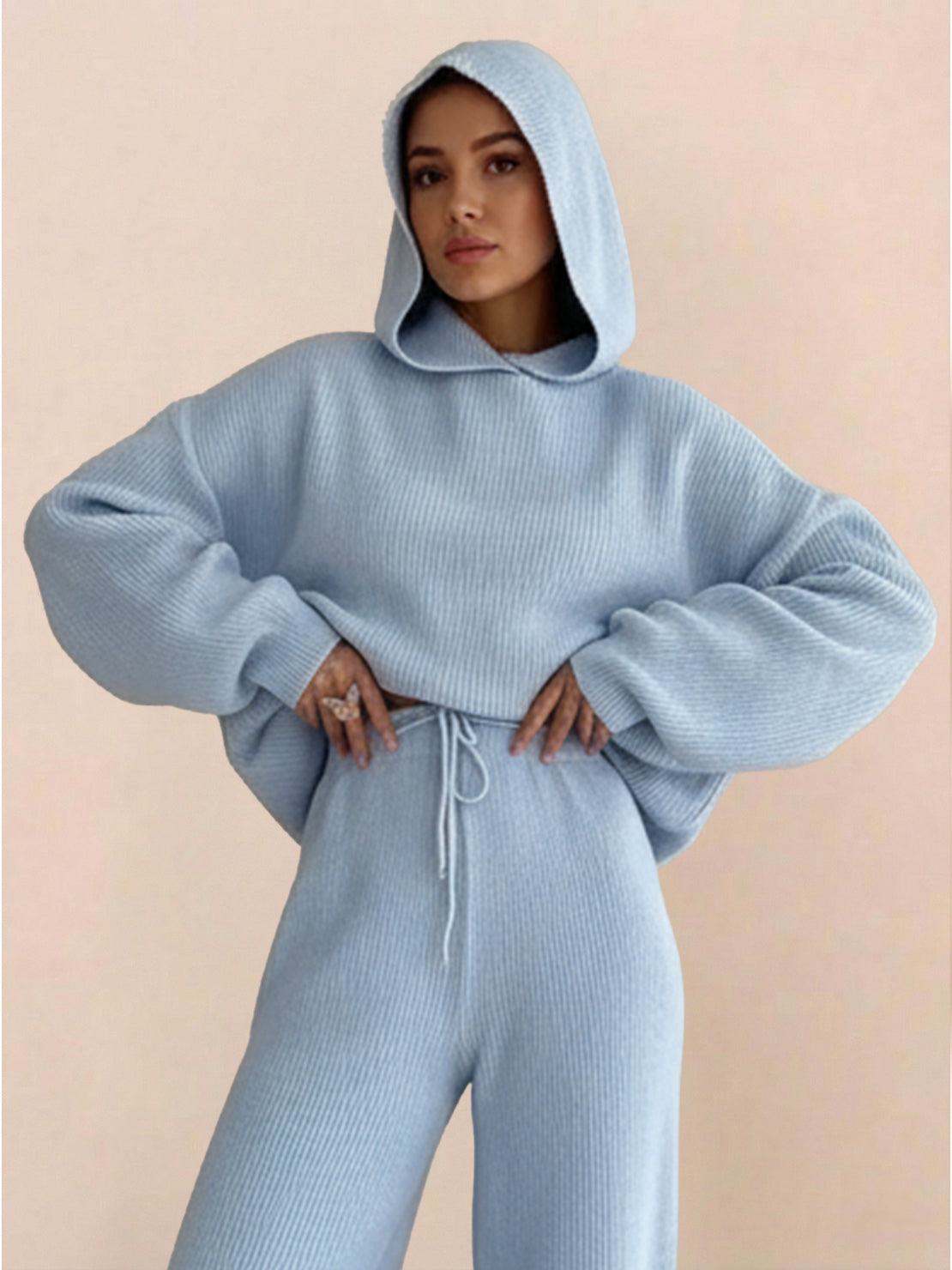 woman wearing light blue waffle-knit two-piece hoodie and pants set with drawstring waist