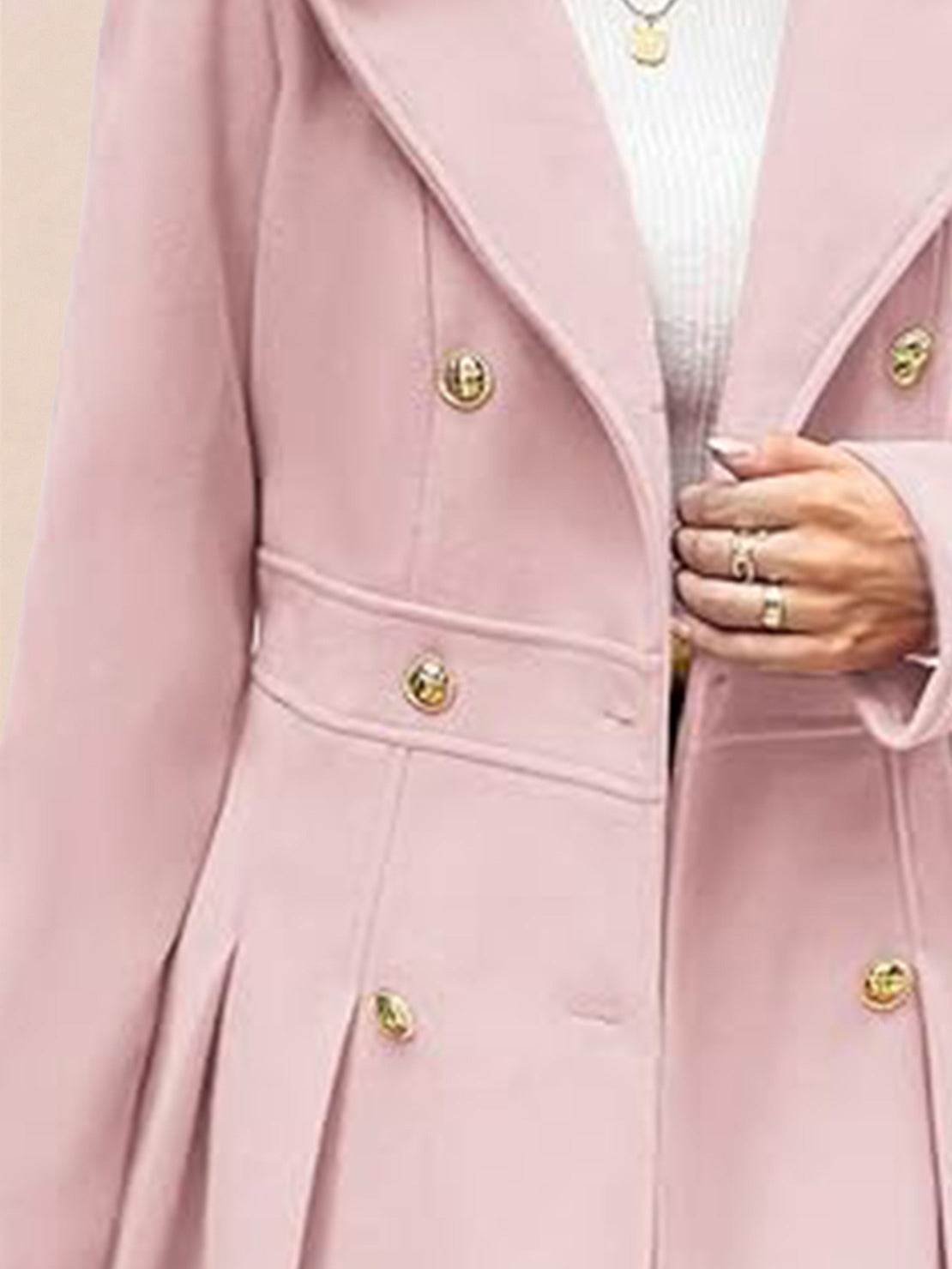 Tailored fit and flare trench coat with A-line silhouette and double-breasted buttons in non-wool fabric