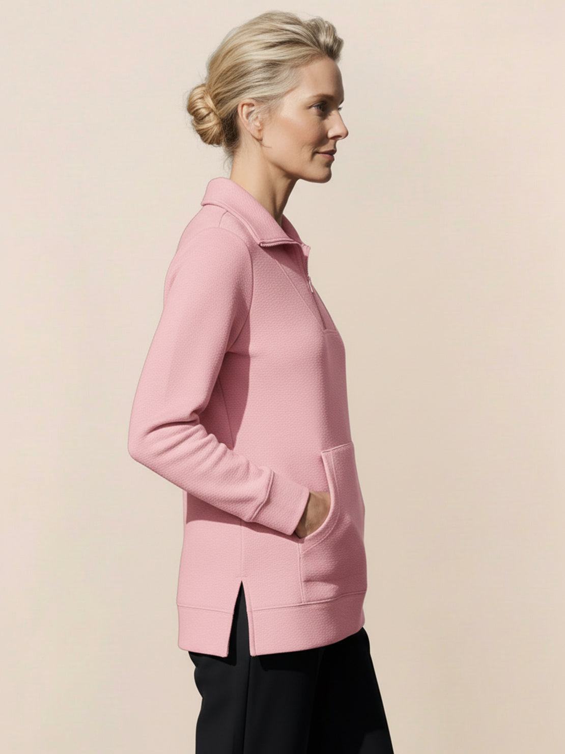 half-zip waffle pullover with fold-over collar and kangaroo pocket in neutral tone
