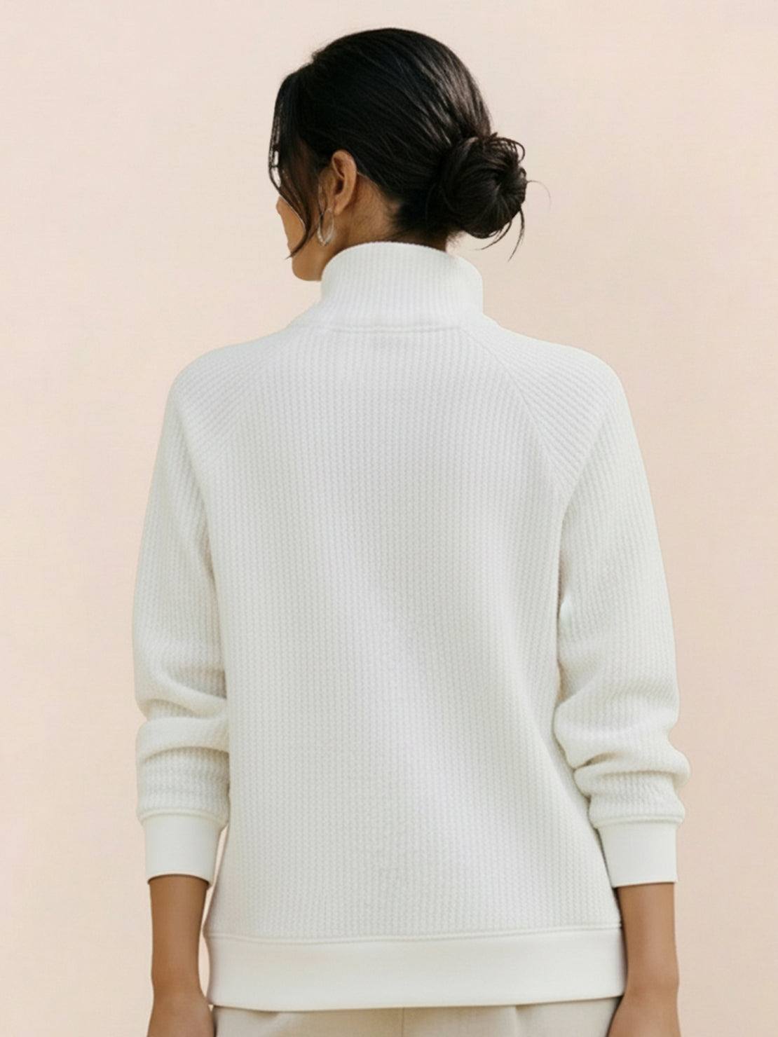 half-zip waffle pullover with fold-over collar and kangaroo pocket in neutral tones