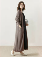 Long Australian Merino Wool cardigan with open front and patch pockets