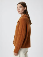 Wool-blend button-front cardigan with wide collar and drop-shoulder sleeves, lightweight and anti-pilling knit for warm layering