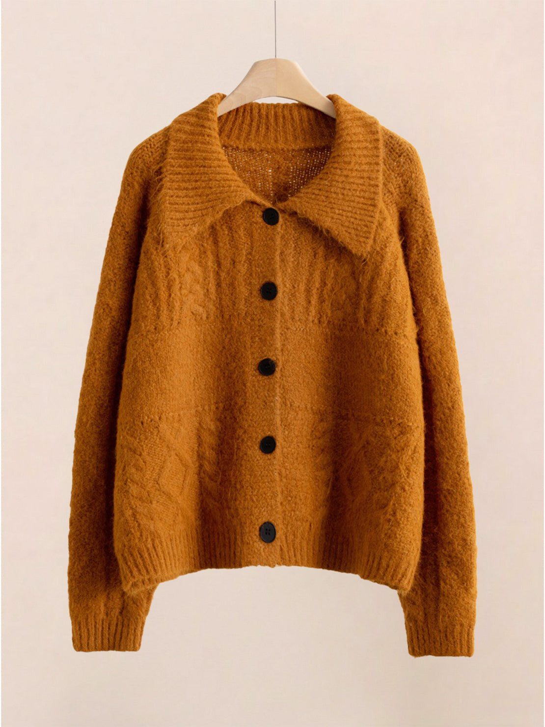 Wool-blend button-front cardigan with wide collar and anti-pilling knit for lightweight warmth and layering