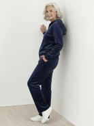 Plus size velour zip-up tracksuit with hoodie and straight-leg pants