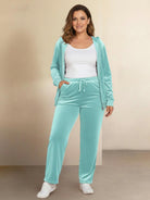 Plus size velour zip-up tracksuit with hoodie and straight-leg pants