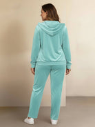 Plus size velour zip-up tracksuit with hoodie and straight-leg pants
