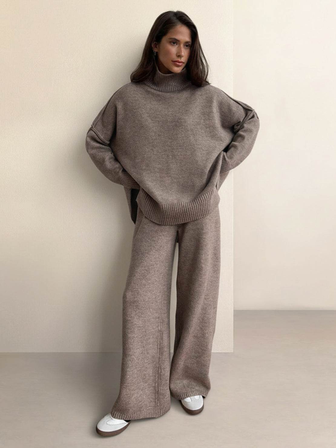 Soft-knit turtleneck two-piece set with relaxed fit and wide-leg pants