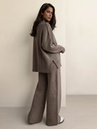 soft-knit turtleneck two-piece set with relaxed fit and wide-leg pants in neutral color