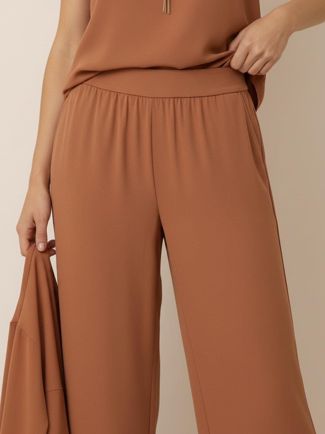 Open-front three-piece co-ord with longline cardigan, tank top, and wide-leg trousers in lightweight knit fabric