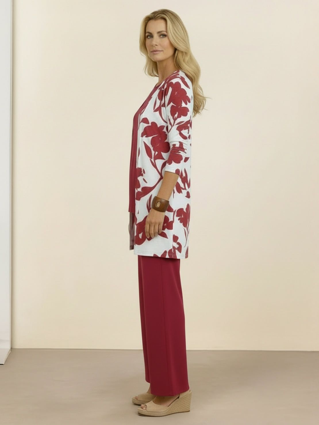 Open-front three-piece co-ord with longline cardigan, tank top, and wide-leg trousers in lightweight knit fabric