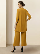 Open-Front Three-Piece Co-Ord set with longline cardigan, round-neck tank, and wide-leg trousers in lightweight knit fabric