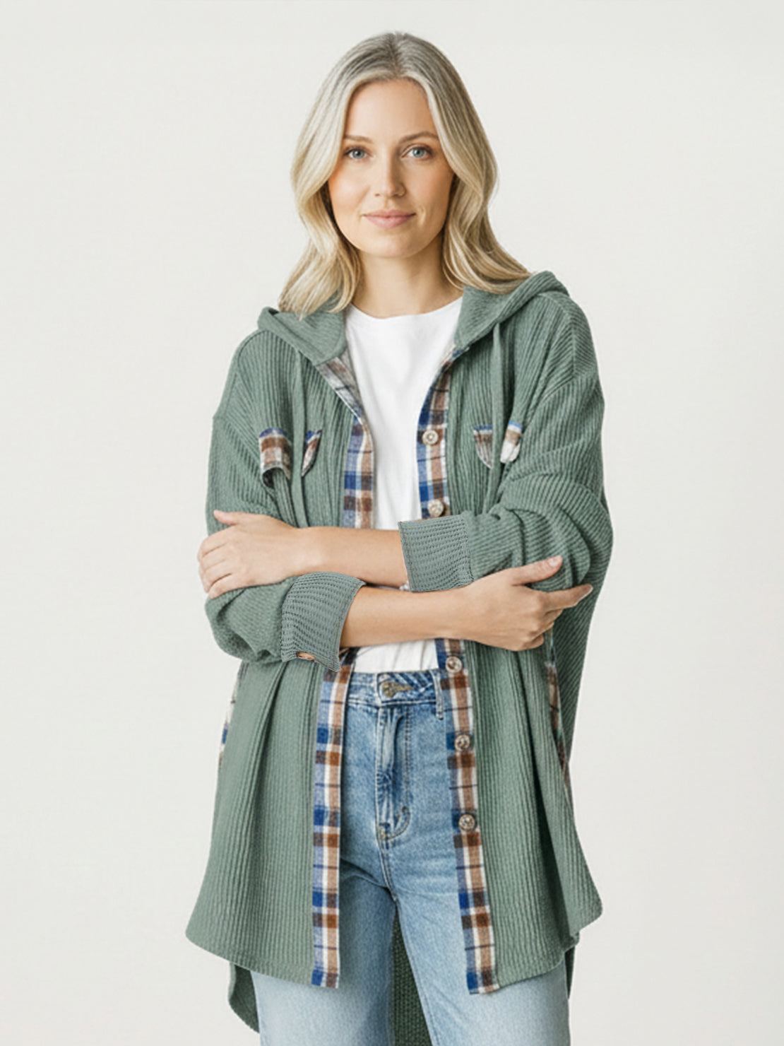 CloudKnit oversized hooded shacket with waffle knit texture and relaxed fit