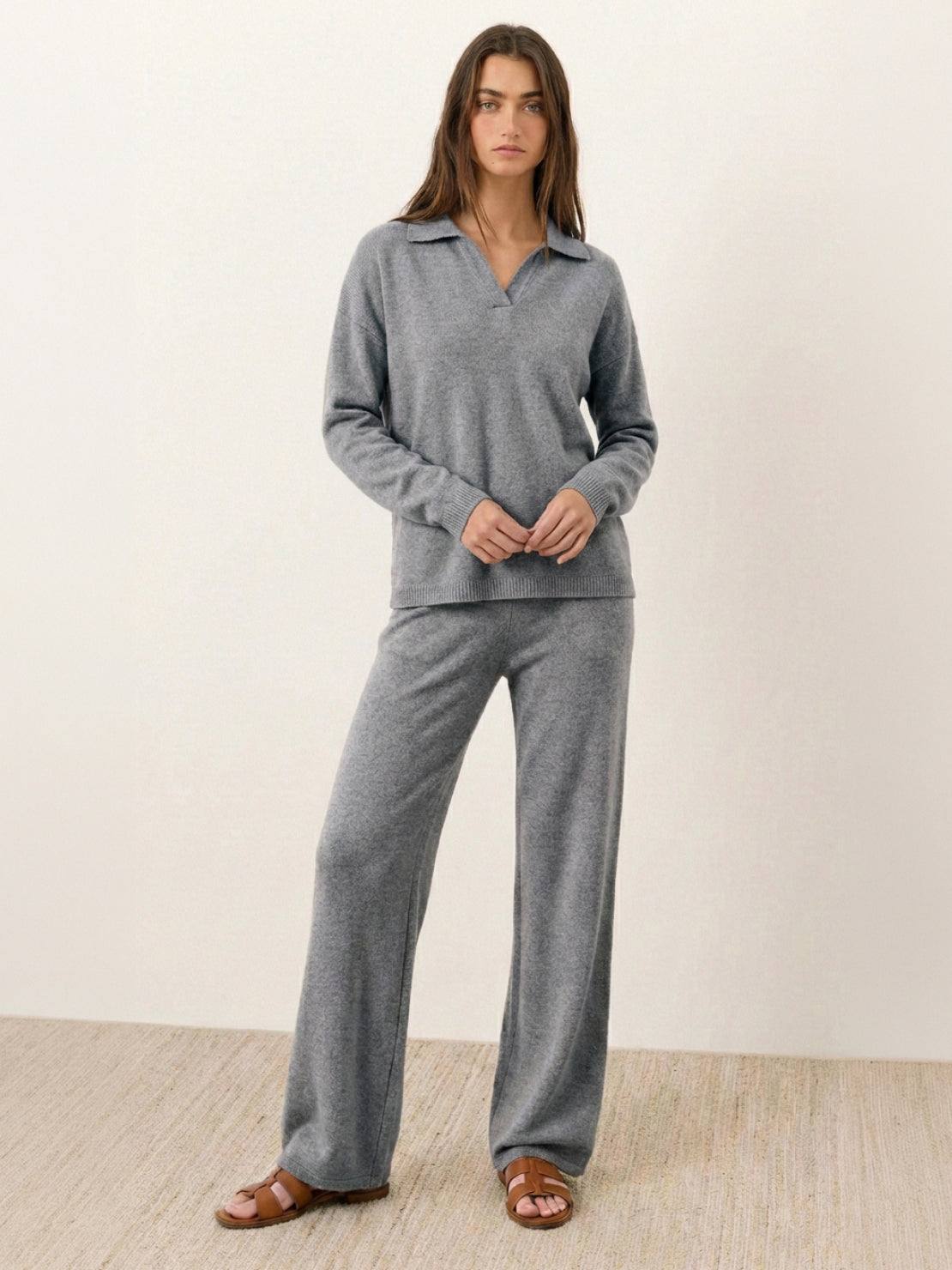 oversized polo knit loungewear set with soft collar and straight-leg pants