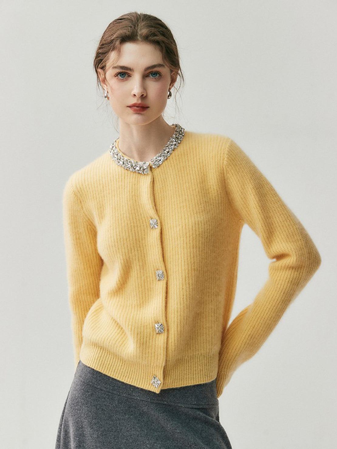 100% Alashan cashmere ribbed knit cardigan with crystal collar and buttons